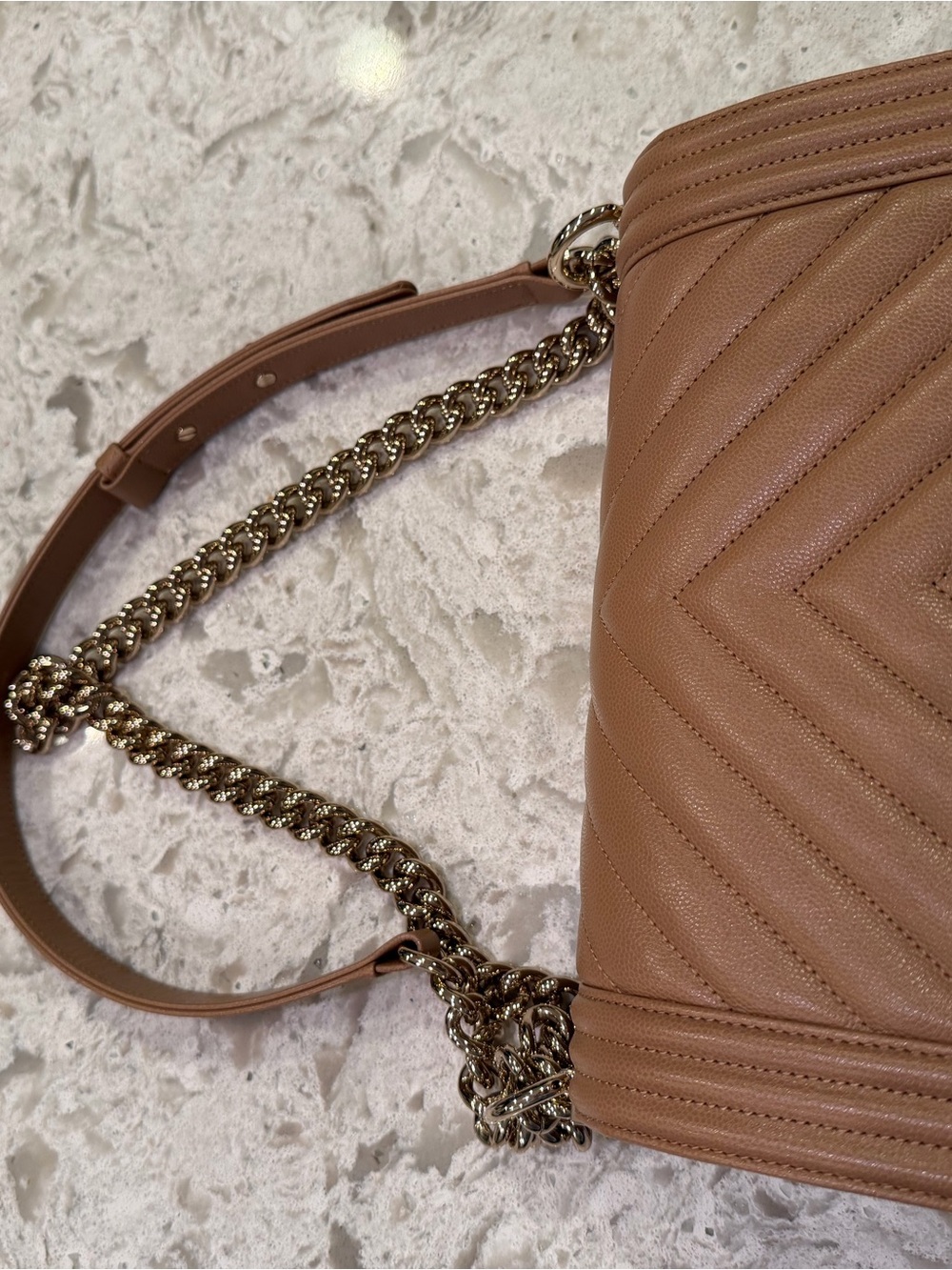 CHANEL Chevron Quilted Shoulder Bag in Tan with Gold Hardware - Picture 5 of 9